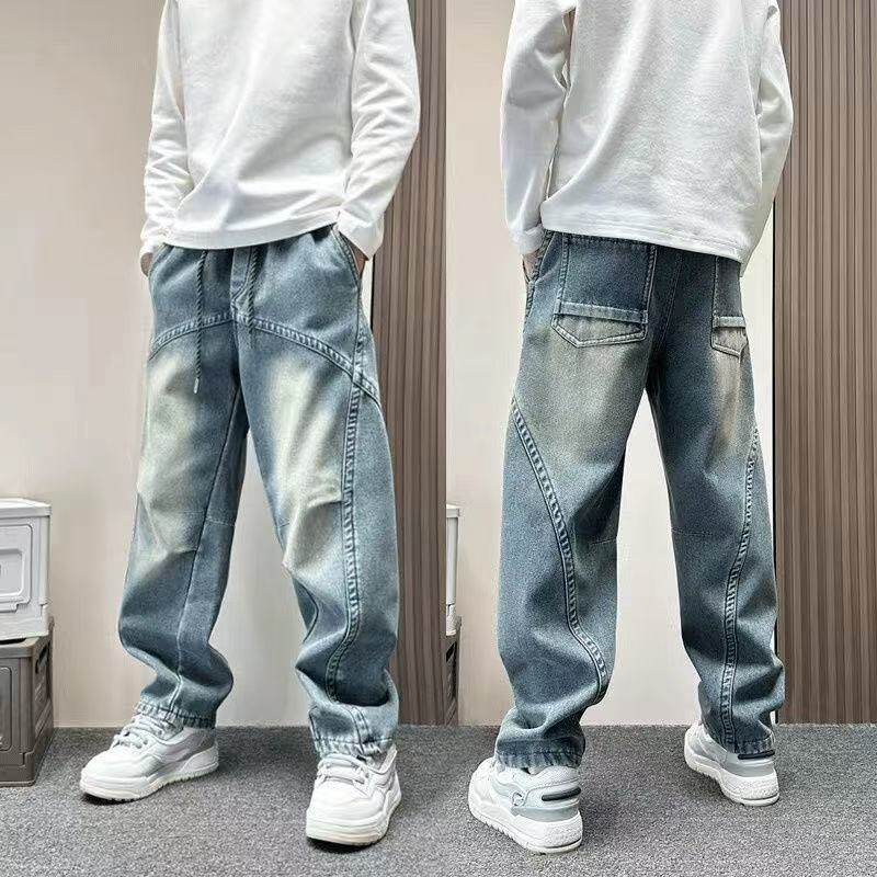 设计感拼接抽绳水洗牛仔裤男款春季新款宽松直筒裤美式潮牌裤子