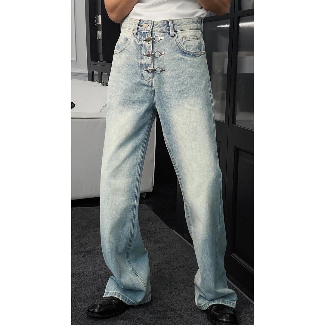 2026春夏新品美式复古金属飞机扣设计感微喇修身百搭牛仔裤