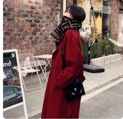 红色双面羊绒大衣女2023秋冬新款双排扣中长款羊毛毛呢外套小个子