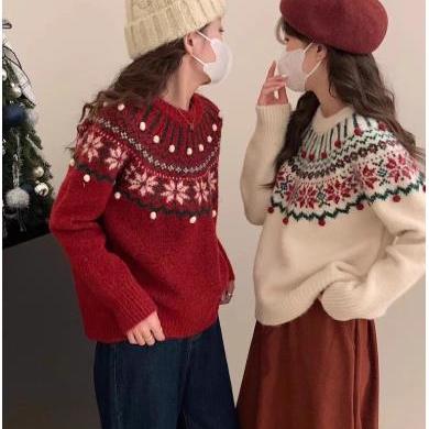 复古提花圣诞新年红色费尔岛毛衣女套头宽松秋冬加厚内搭针织上衣