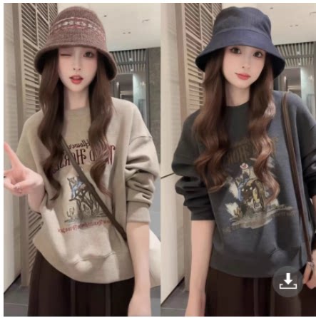 大码女装卡通印花圆领套头卫衣长袖秋季新款胖mm宽松显瘦减龄上衣