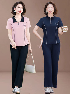 妈妈夏装休闲短袖运动服套装女50岁中老年高端洋气Tt恤裤子两件套