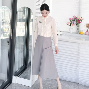 春夏2026新款高端美容院前台美容师工作服韩式导购女衬衫长裙套装