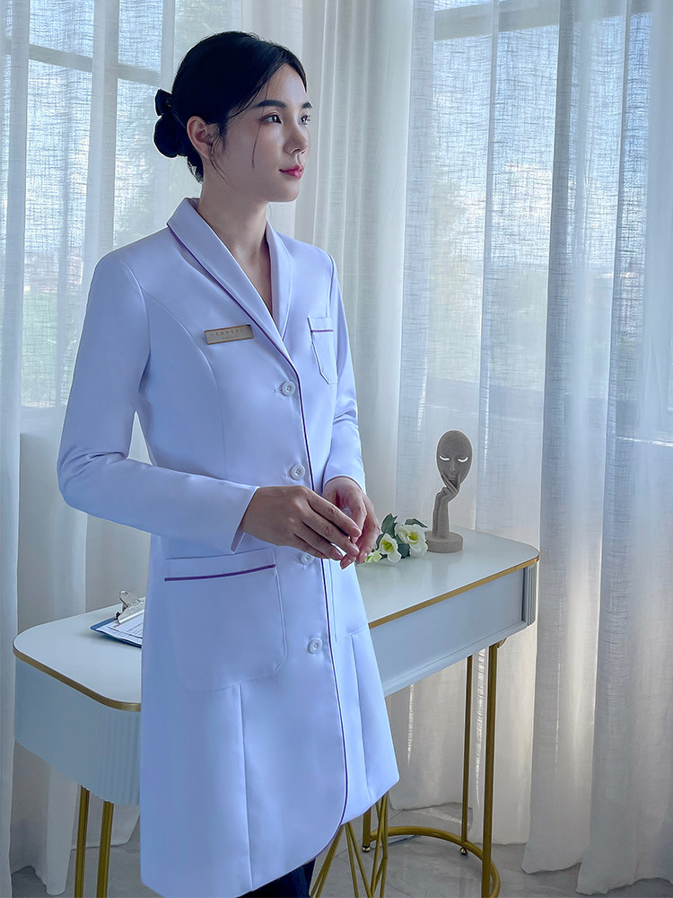 KOREAN-STYLE WHITE COAT LONG-SLEEVED DOCTORS UNIFORM SPRING AUTUMN AND WINTER WOMENS WHITE COAT PLASTIC SURGERY HOSPITAL BEAUTY SALON NURSE WORK CLOTHES