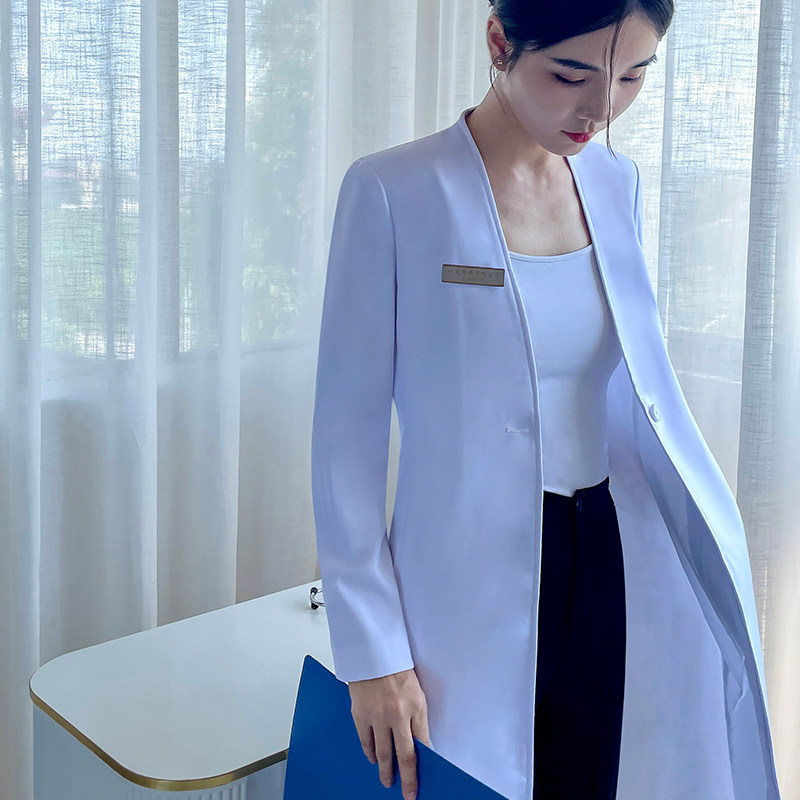 HIGH-END KOREAN DOCTORS UNIFORM WHITE COAT DENTIST CHINESE MEDICINE COAT GOWN SLIM MID-LENGTH