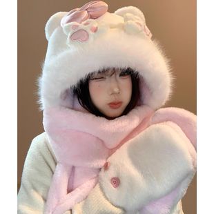 可爱小猫爪蝴蝶结毛绒帽子围巾手套一体女粉色保暖冬季防寒三件套