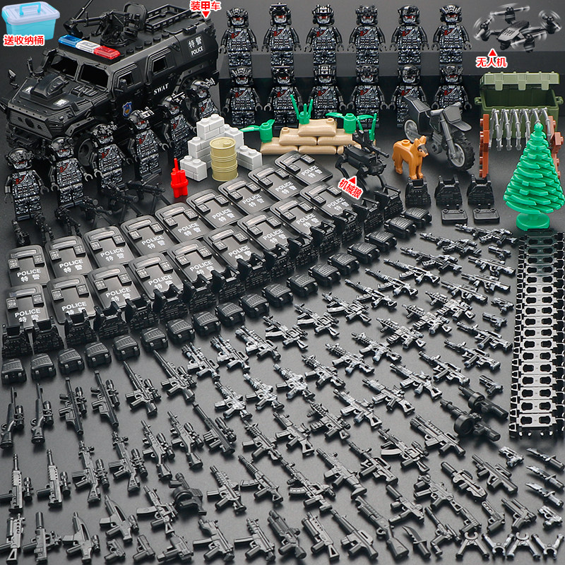 军事特种兵人仔警察特警套装男孩子拼装士兵武器装备儿童积木玩具
