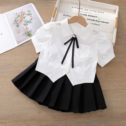 女童纯棉长袖白衬衫小学生校服衬衣春夏学院风演出娃娃领短袖套装