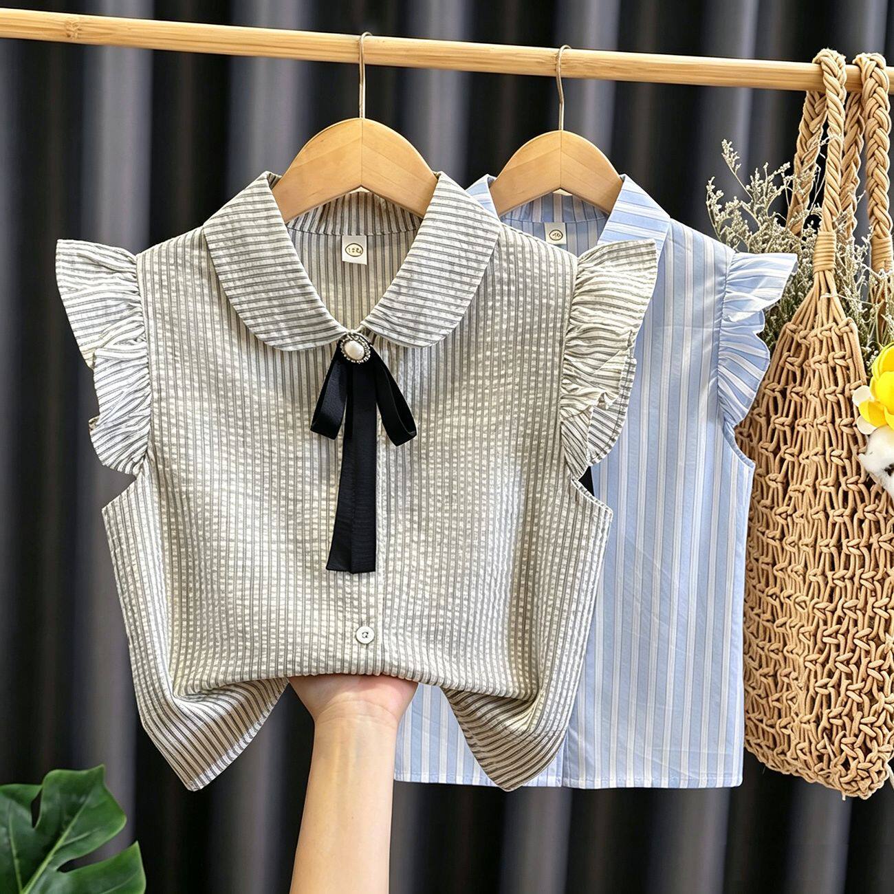 女童短袖衬衫夏装新款小飞袖女孩子纯棉条纹衬衣洋气娃娃领上衣薄