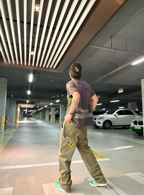 美式牛仔裤男女纯色简约cH高品质高端老钱风绿色豹纹军绿工装裤