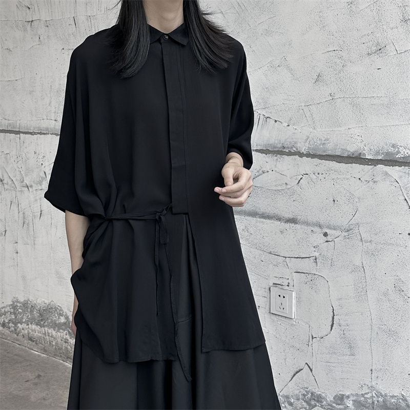 山本暗黑风设计感中长款短袖衬衫女宽松绑带衬衣夏季舒适黑色上衣，女装衬衫，钱塘801（原钱塘901）