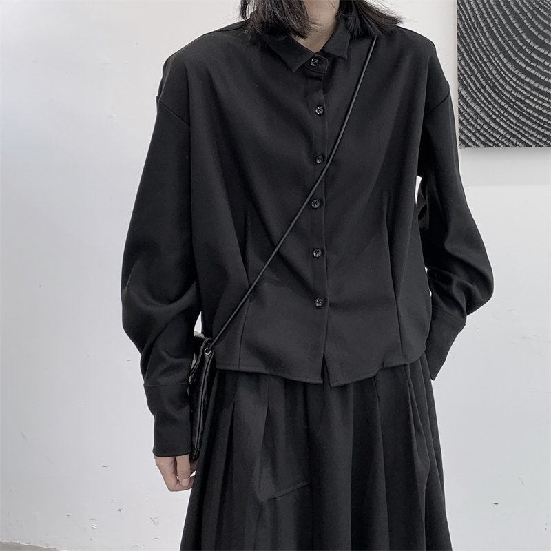 设计感小众山本暗黑风黑色休闲长袖毛呢衬衫女春秋季宽松衬衣外套,女装衬衫,钱塘801（原钱塘901）