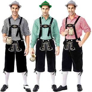 啤酒节服装 含帽套装 格子衬衣刺绣吊带裤 品色 德国传统男款