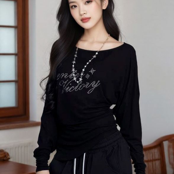 春秋新款广场舞服装上衣棉蝙蝠衫烫钻衣女士运动跳体操曳步舞衣服