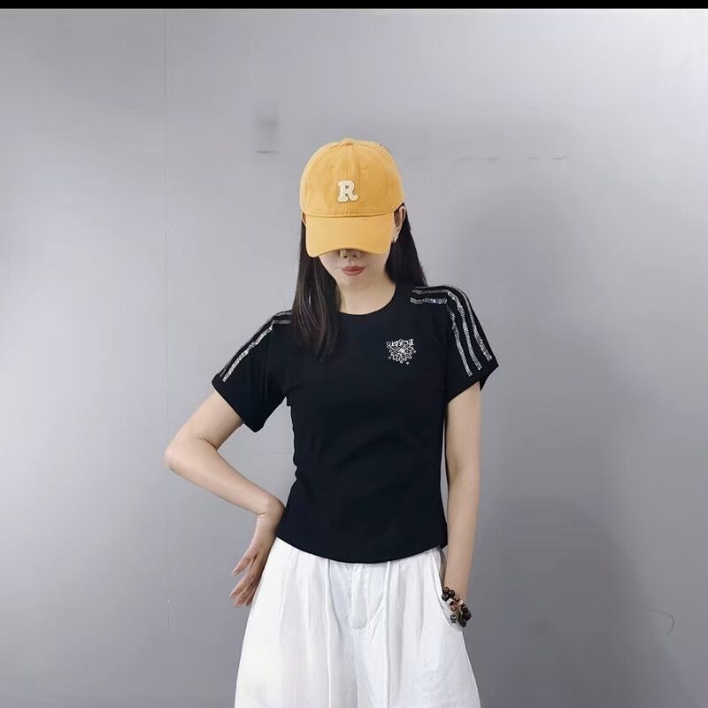 夏广场舞服装新款棉圆领竖条烫钻潮流高弹短袖健身运动跳舞蹈短袖