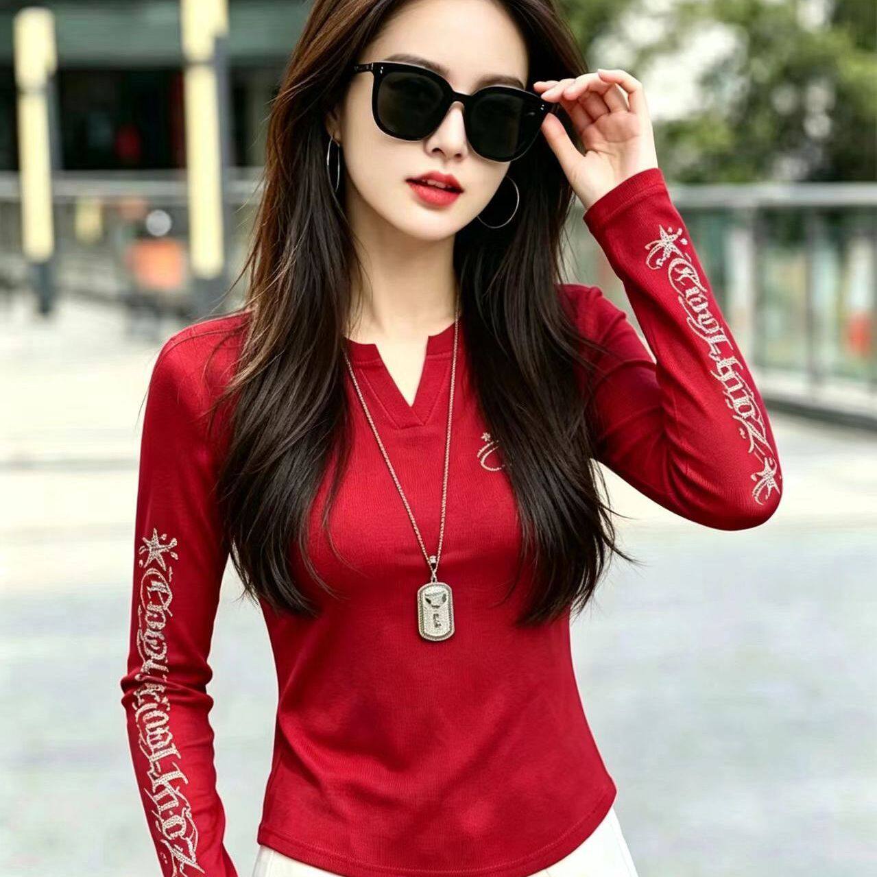 秋新款广场舞服装上衣女棉弹力V领烫钻打底长袖运动跳操鬼步舞蹈