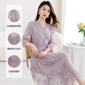 桑蚕丝中长连衣裙女9120 轻奢显瘦真丝连衣裙夏季 真丝顺纡绣花