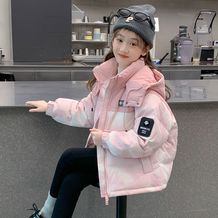 白鸭绒韩版宽松加厚羽绒服女童冬季连帽面包服保暖外套粉色短款