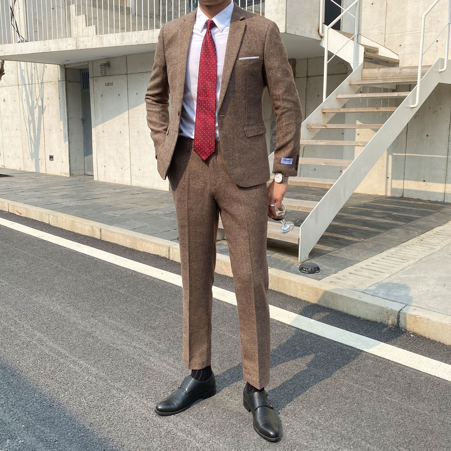 粗花呢子西服套装男休闲修身正装韩版潮流新郎结婚礼服小西装英伦