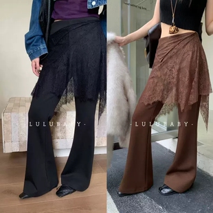 黑色蕾丝拼接高腰微喇休闲裤屁帘女假两件显瘦设计感喇叭裤2025冬