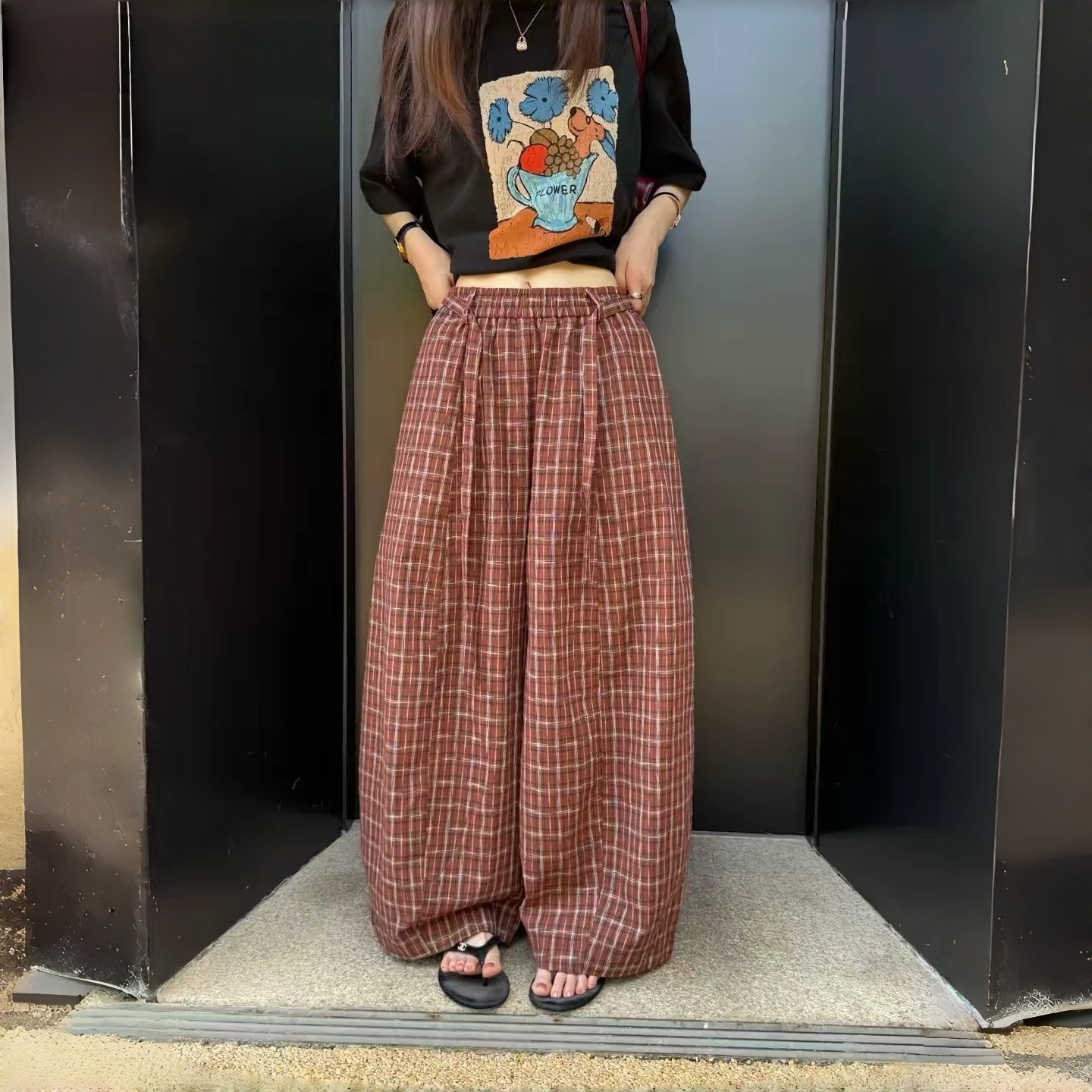 韩版洋气复古风红色格子阔腿裤女松紧腰抽绳宽松显瘦长裤休闲裤