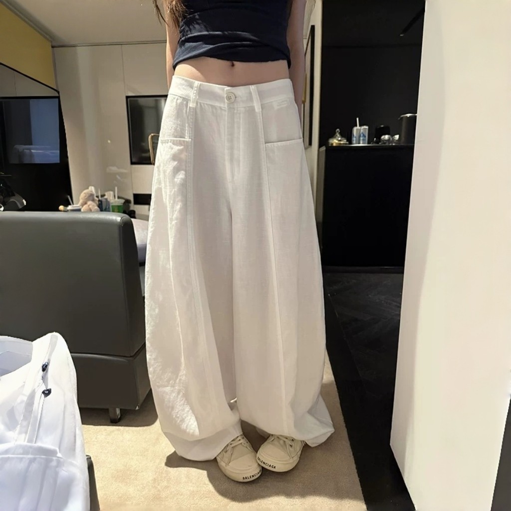 韩版简约洋气老钱风高腰白色亚麻阔腿裤女夏垂坠感显瘦松弛休闲裤