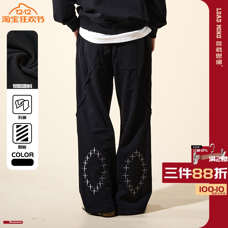 LOADMIND美式复古休闲卫裤弯刀刺绣长裤宽松阔腿直筒百搭裤子男潮