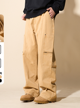 LOADMIND美式复古铆钉拉链装饰休闲工装裤宽松阔图直筒潮流长裤男