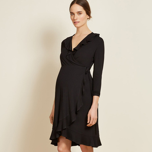 欧美荷叶边修身高腰v领春秋款孕妇打底连衣裙小个子中袖时尚性感