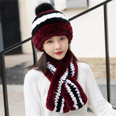 冬季真皮獭兔毛女帽围巾两件套女士皮草套装加厚百搭保暖狐狸毛帽