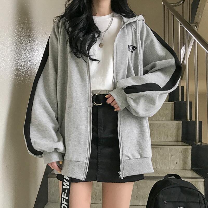 薄款拉链外套女装春秋冬新款原宿风学生宽松百搭加绒长袖卫衣