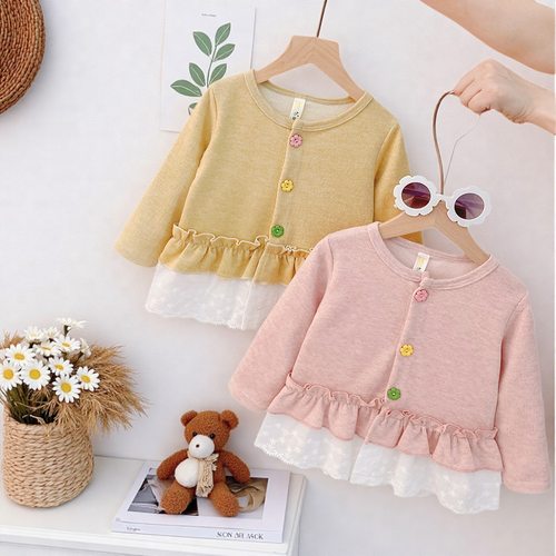 女童圆领薄外套2025初秋外套韩版花边蕾丝上衣圆领衫女宝宝春秋装