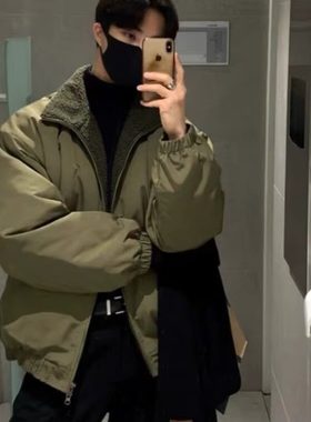 军绿色羊羔毛高街棉服男冬季加厚痞帅感棉衣美式短款夹克
