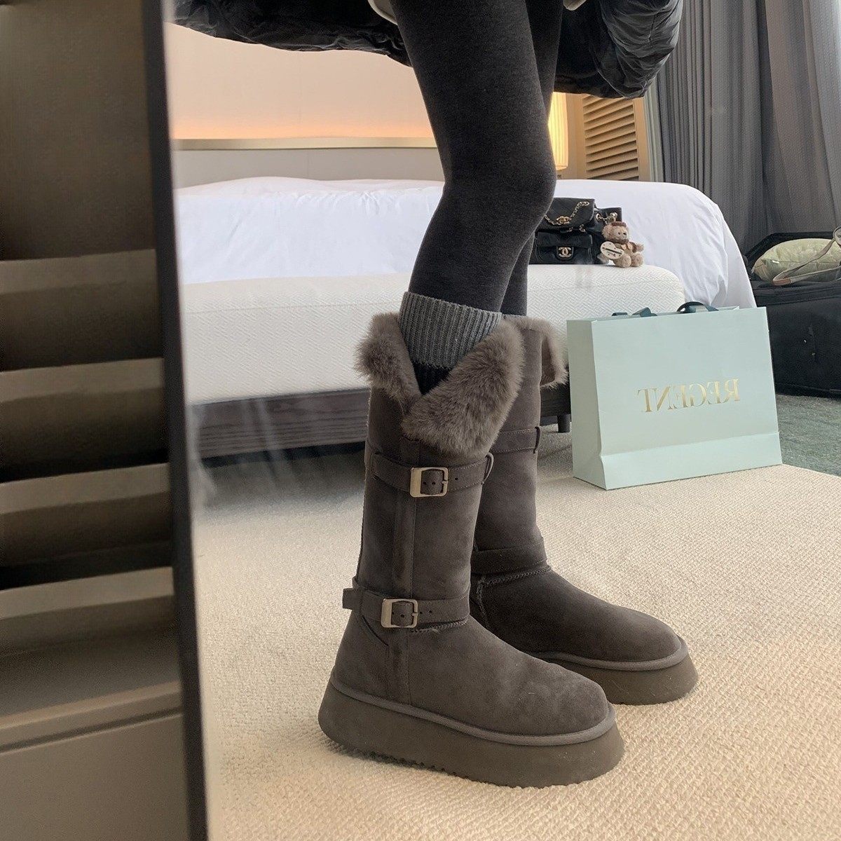 真皮版~灰色两穿雪地靴女皮毛一体加绒加厚保暖棉鞋中筒靴长筒靴,女鞋,时尚雪地靴,淘宝优惠券,粉丝福利购,淘宝优惠卷