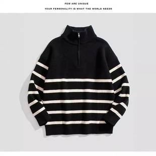 年男女同款感横条简约立领半拉链毛衣男厚重潮流宽松秋衣