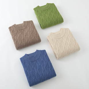 男士半高领加厚衫秋冬新款套头毛衣纯色休闲大码扭花针织衫