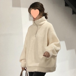 冬款韩版宽松慵懒风羊羔毛外套潮仿羊羔绒百搭套头卫衣女