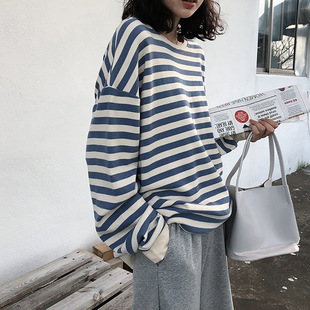 棉质初秋韩版新款圆领条纹长袖外套卫衣女学生衣服上衣女装