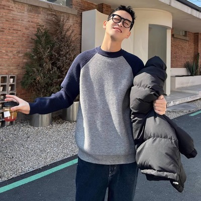 圆领毛衣男秋冬季潮牌拼色套头保暖打底衫休闲毛线加厚针织衫男款