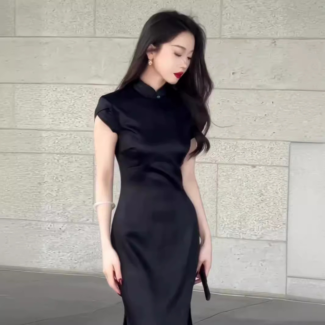 新中式黑色夏装连衣裙感绝美别致名媛改良旗袍气质少女礼服