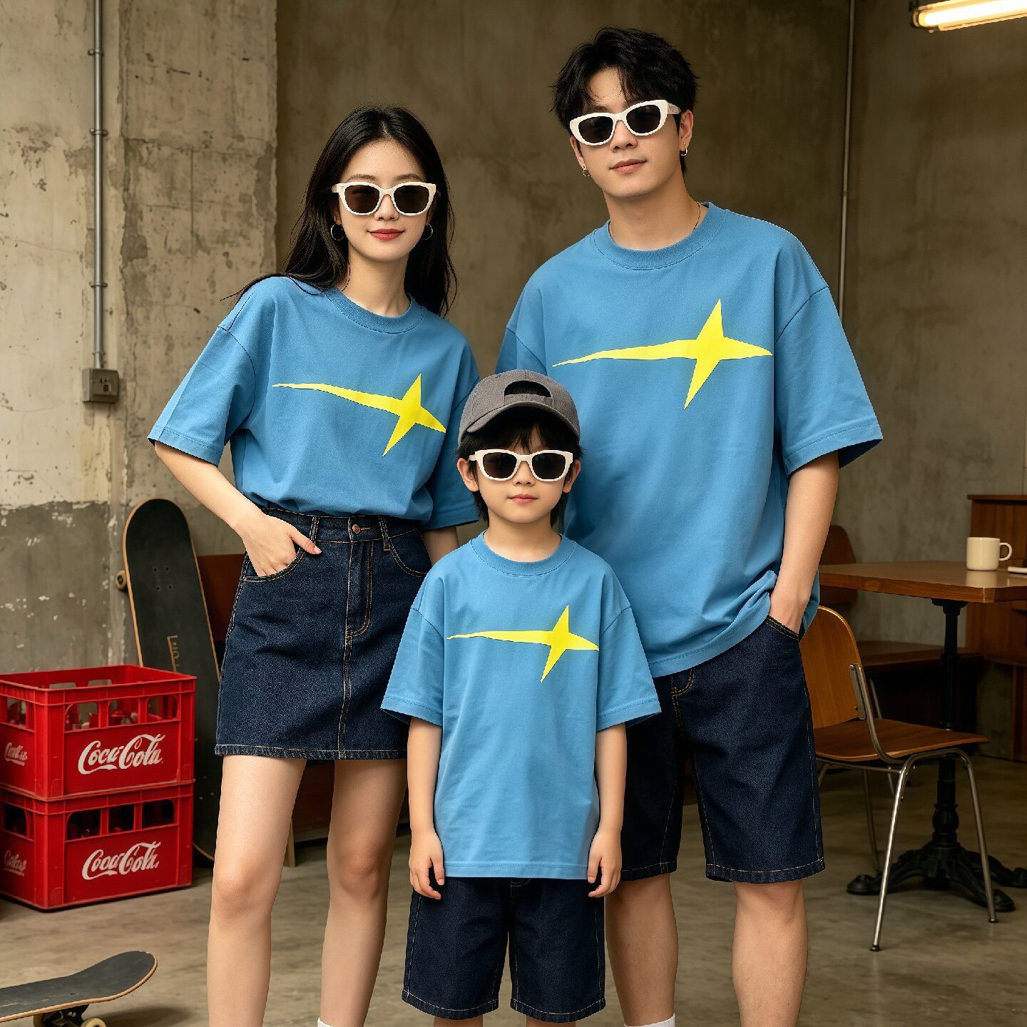 夏季美式闪电纯棉亲子短袖T恤
