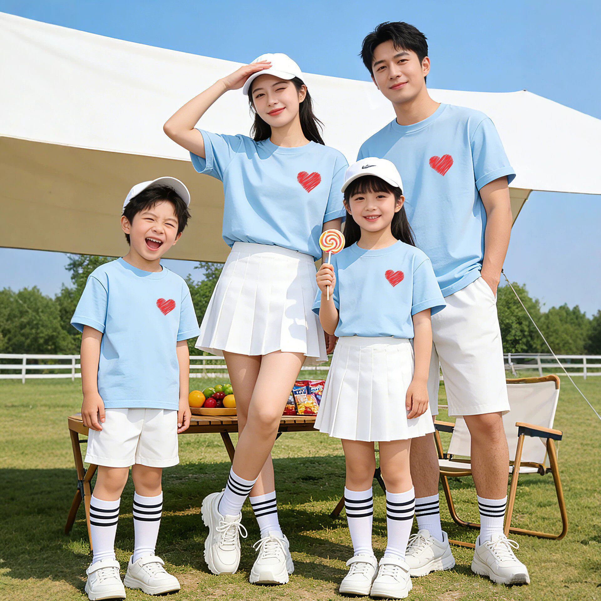 线条印花亲子装夏日新款短袖韩版一家四口全家装全棉休闲舒适上衣