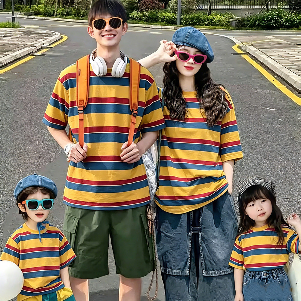 中大童夏季纯棉彩虹条纹亲子装