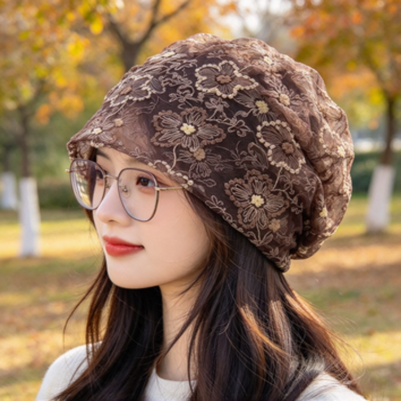 中老年印花花卉包头巾 薄款网纱女士空调护头堆堆帽子
