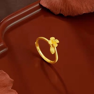 正品999足金24k黄金圣洁之花开口戒指金包银花朵开口戒指女活口