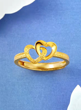 足金戒指24k黄金双爱心开口指环