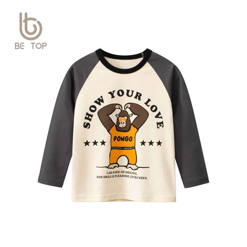 27kids韩版童装秋季男长袖T恤圆领儿童拼色卡通打底宝宝外穿衣服