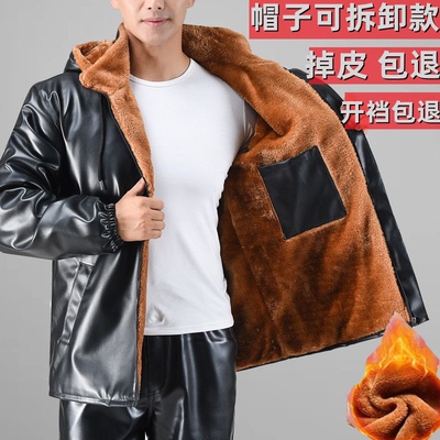 加绒皮衣防寒保暖可拆卸帽