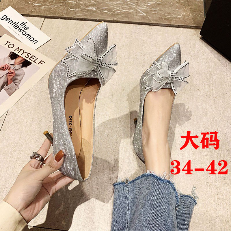 34-42大码伪娘高跟鞋细跟银色水晶法式婚鞋尖头粉色10cm变装单鞋