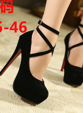 大码超高跟细跟40-43 44码交叉绑带圆头夜店TSCD变装鞋绒面